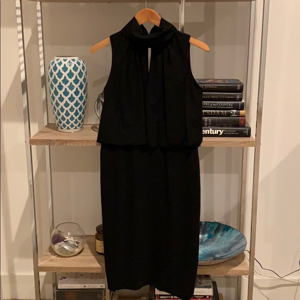 Gently worn black sleeveless sheath dress